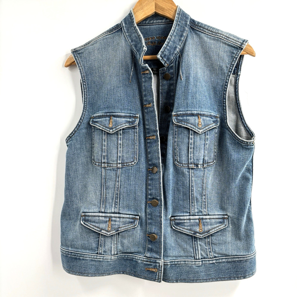 Ralph Lauren Jeans Co Denim Vest Sz L Denim Utility 4 Pocket Mandarin Collar